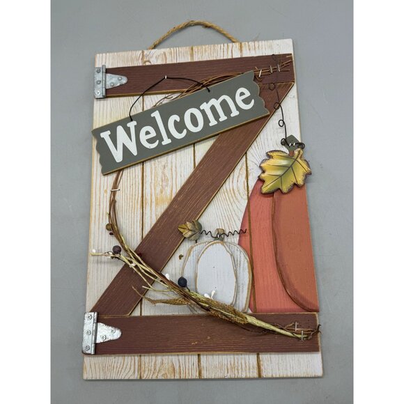 Rustic Autumn Welcome Sign With Pumpkin & Leaf Design fall 10x16" barn door READ - Picture 2 of 7